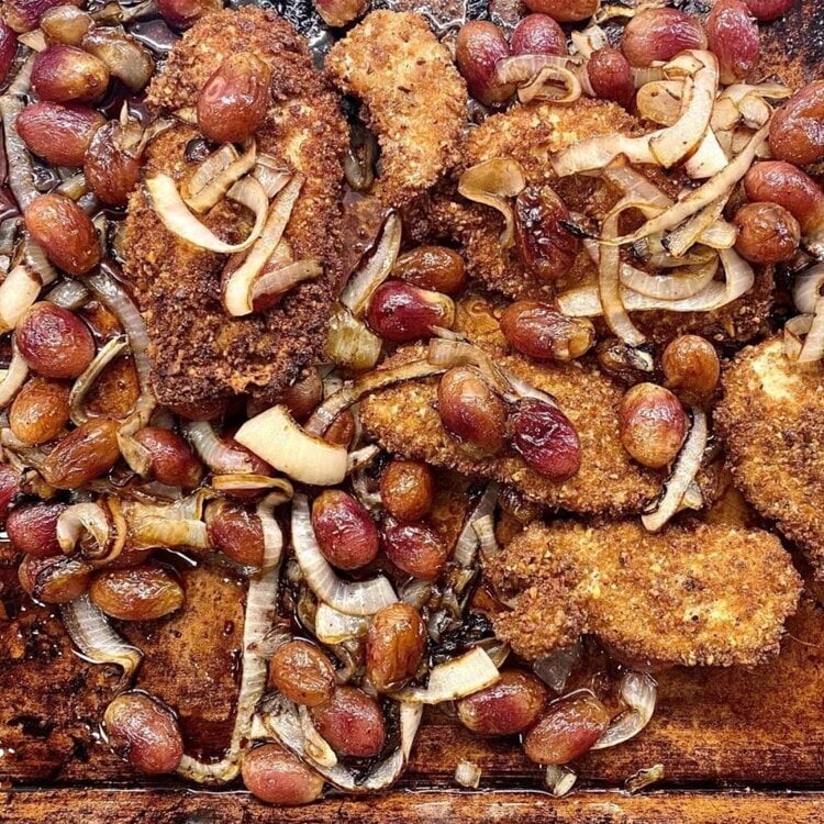 Crumbed Chicken Schnitzels with Balsamic Grapes and Onions