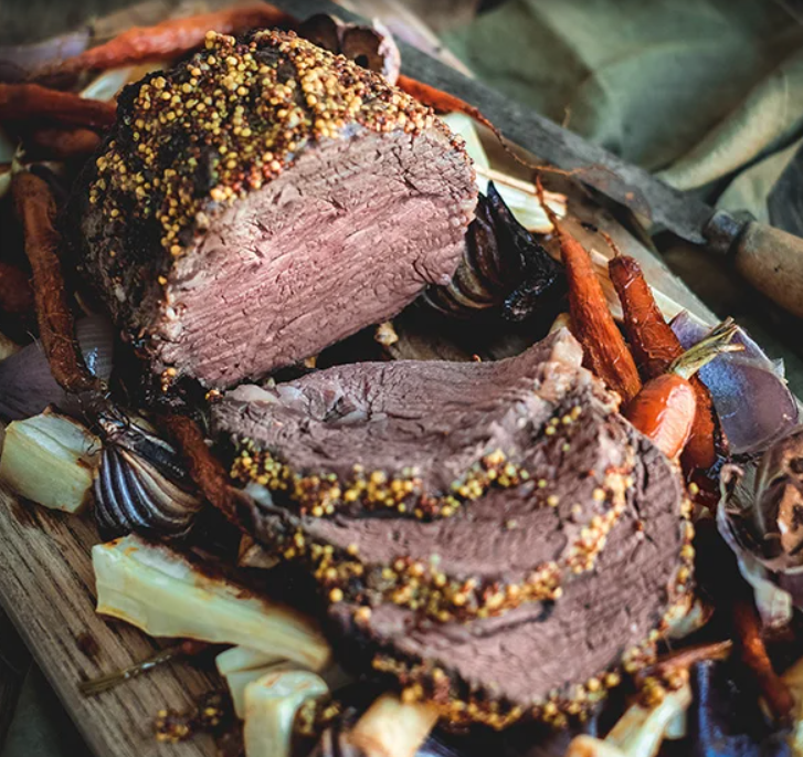 Scotch Fillet Roast with Mustard Rub and Vegetables